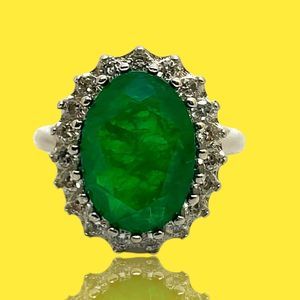 18KWG Plated 925 Sterling Silver Oval Created Emerald Halo Ring Size 9.5
